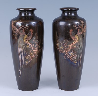 Lot 2331 - A pair of Japanese bronze vases, Meiji period...