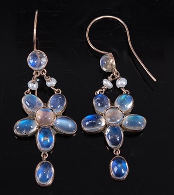 Lot 2546 - A pair of yellow metal moonstone flower...