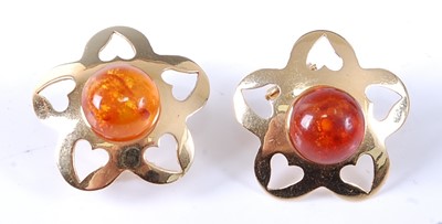 Lot 2568 - A pair of yellow metal amber stud earrings,...