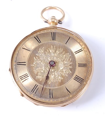 Lot 2579 - A yellow metal keywind open faced pocket watch,...