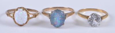Lot 2654 - Three rings, being a 9ct yellow gold synthetic...