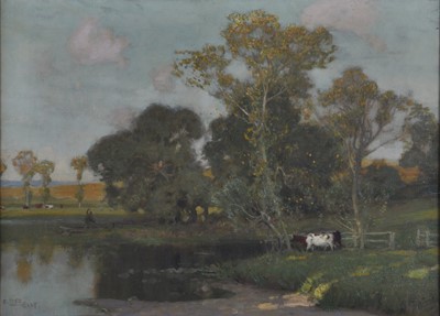 Lot 1334 - Alfred East (1844-1913) - A shady pool, oil on...
