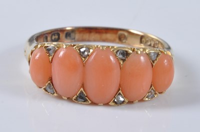 Lot 1173 - A yellow metal coral half hoop eternity ring,...