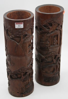 Lot 12 - A pair of Japanese bamboo brush pots relief...