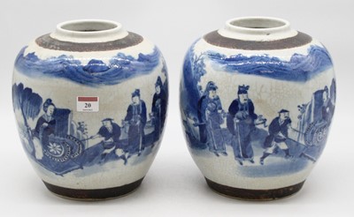 Lot 20 - A large pair of ginger jars of squat baluster...
