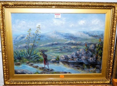 Lot 1037 - G Clamp - African river landscape with lone...