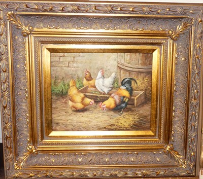 Lot 1039 - After Edgar Hunt - Chickens in a farmyard, oil...