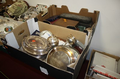 Lot 496 - Two boxes of metalware, to include a pair of...