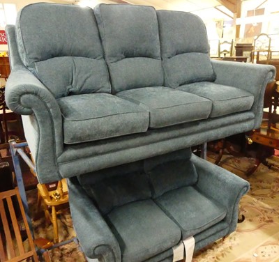 Lot 1410 - A contemporary blue fabric upholstered...