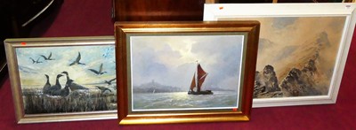 Lot 1084 - D S Alexander - Ducks over the marshes, oil,...