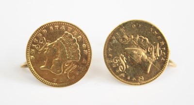 Lot 2527 - A pair of yellow metal three-dollar piece...