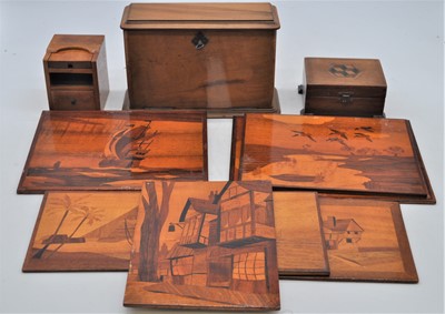 Lot 66 - A collection of inlaid wooden panels together...