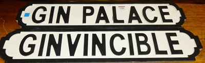 Lot 1206 - Two painted wood wall signs, one titled "Gin...