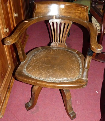 Lot 1316 - A 1930s beech splatback tub swivel desk chair,...