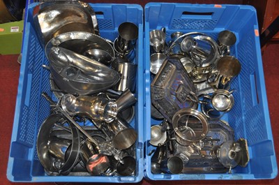Lot 227 - Two boxes of miscellaneous metal ware to...