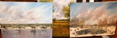 Lot 1051 - Raymond Price - Coastal scene, oil on canvas,...