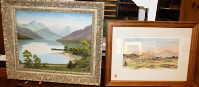 Lot 1055 - Nan Rains - North Country lake, oil on panel,...