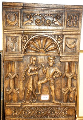 Lot 1070 - A medieval style relief carved oak panel, 49.5...