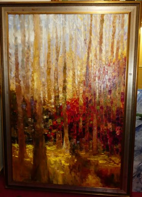 Lot 1102 - K Lee - Sunlit trees, oil on canvas, signed...