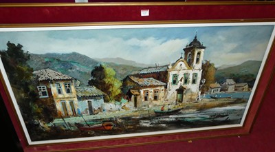 Lot 1117 - Durval Pereira - River landscape, oil on...