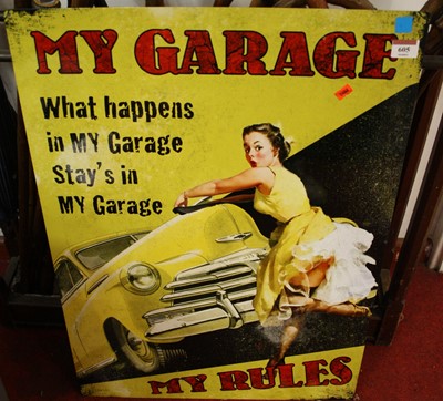 Lot 605 - A modern printed metal sign titled "My Garage,...