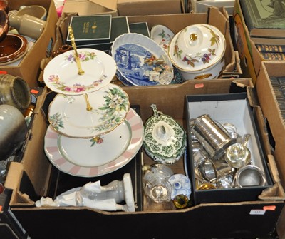 Lot 411 - Two boxes containing ceramics and metalwares...