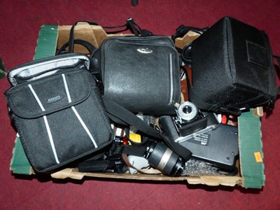 Lot 438 - A box of photography equipment to include an...