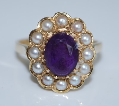 Lot 2530 - A 14ct yellow gold, amethyst and seed pearl...