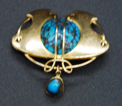 Lot 2661 - An Art Nouveau yellow metal turquoise set...
