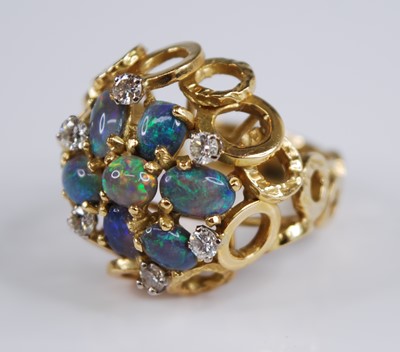 Lot 2203 - An 18ct yellow gold, opal and diamond bombe...