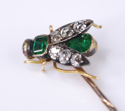Lot 2196 - A yellow metal diamond, emerald and ruby stick...