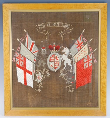Lot 344 - A WW I period silk embroidered panel, the...
