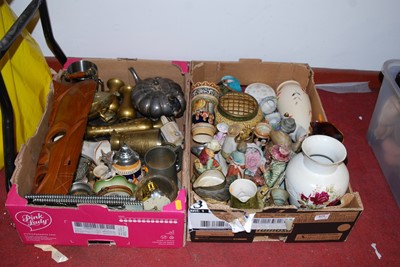 Lot 829 - Two boxes of ceramics and metal wares to...