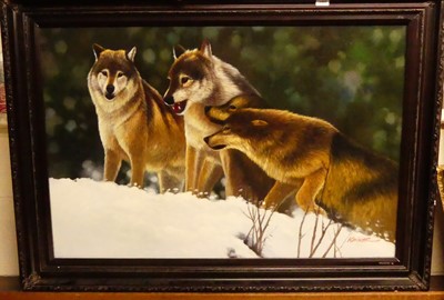 Lot 1009 - Kaiser - Foxes in a winter landscape, oil on...
