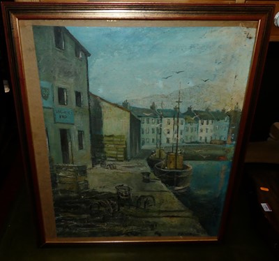 Lot 1013 - Macleod - Fishing boats in harbour, oil on...