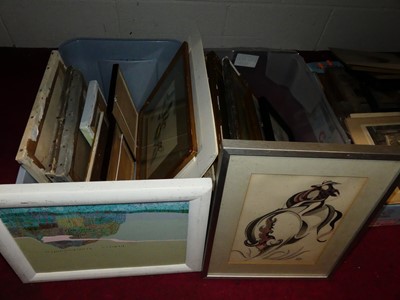 Lot 1079 - Two boxes of assorted pictures and prints, to...