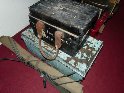 Lot 1083 - A blue painted metal trunk; canvas field...