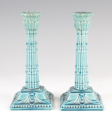 Lot 4079 - A pair of Burmantofts turquoise glazed...