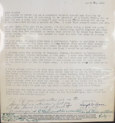Lot 1262 - Rocky Marciano (1924-1969), a letter addressed...
