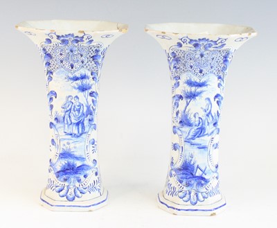 Lot 2047 - A pair of Delft blue and white trumpet vases,...