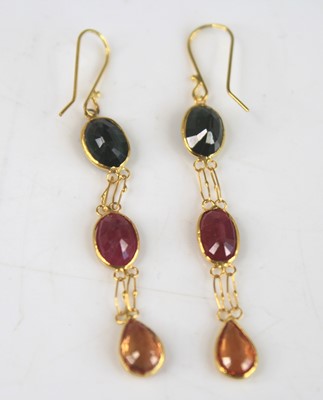 Lot 2228 - A pair of yellow metal multi-sapphire drop...