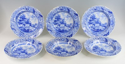 Lot 2074 - A set of six Staffordshire blue and white...