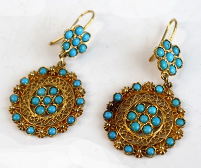 Lot 2509 - A pair of 18ct yellow gold turquoise drop...