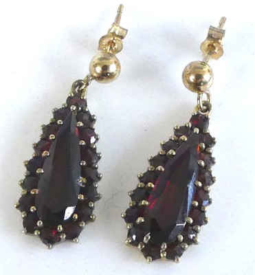 Lot 2545 - A pair of yellow metal garnet pear shaped...