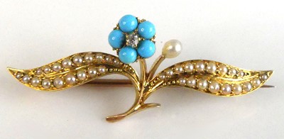 Lot 452 - A yellow metal turquoise, pearl and diamond...