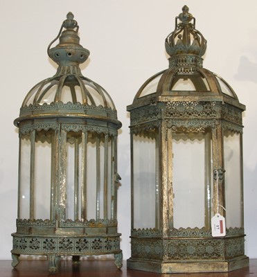 Lot 17 - A near-pair of verdigris metal hanging...