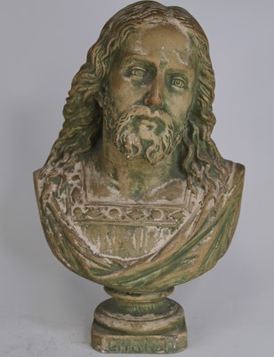 Lot 42 - A painted pottery head and shoulders bust of...