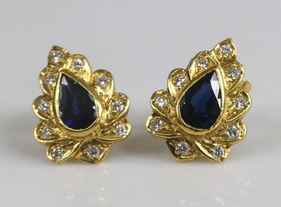 Lot 2203 - A pair of yellow metal sapphire and diamond...