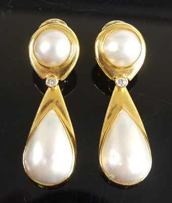 Lot 2163 - A pair of 18ct yellow gold pearl and diamond...