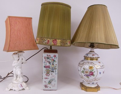 Lot 13 - A Chinese pottery table lamp, decorated in...
